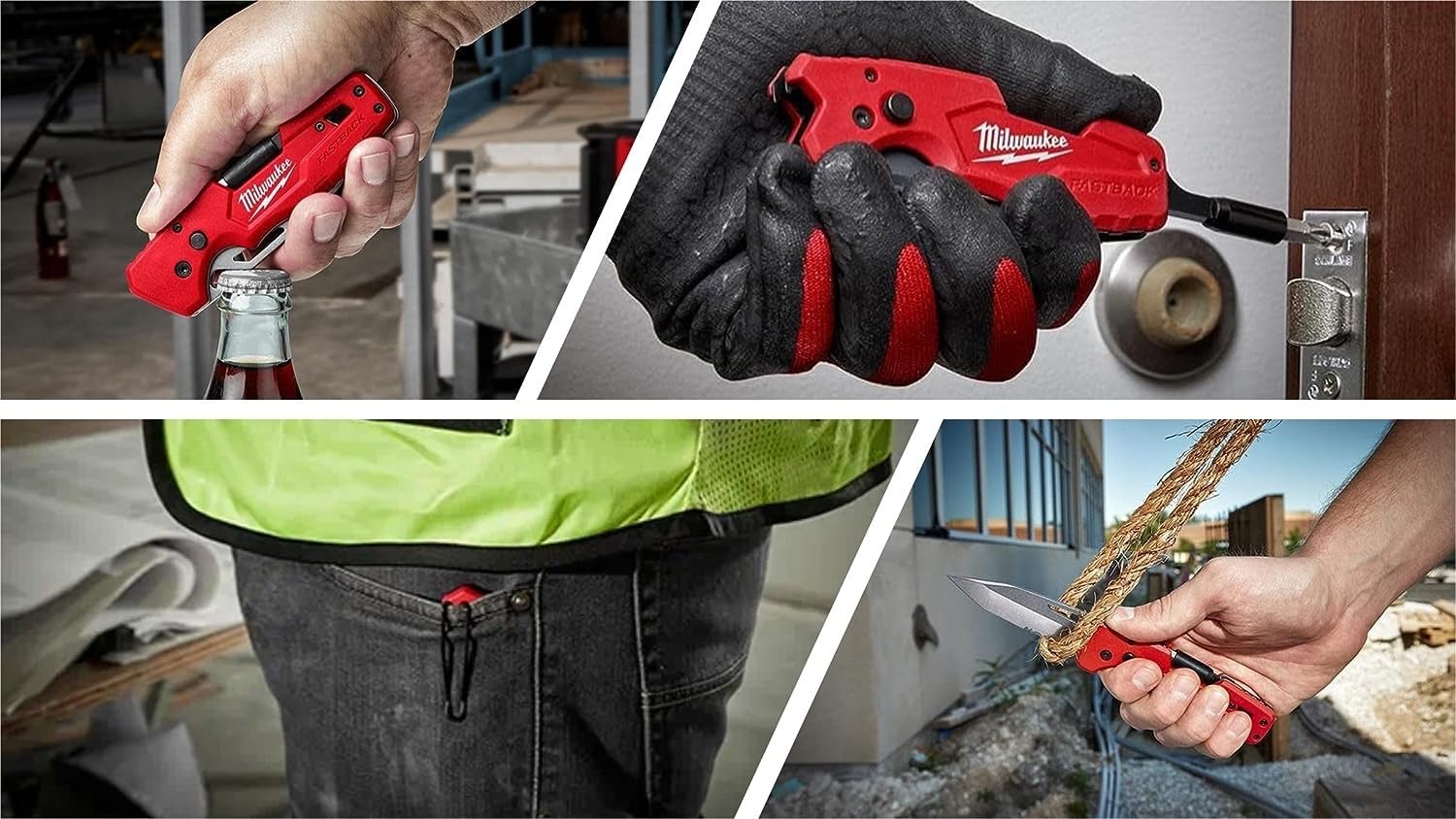 Milwaukee FASTBACK built-in bottle opener adds everyday utility.