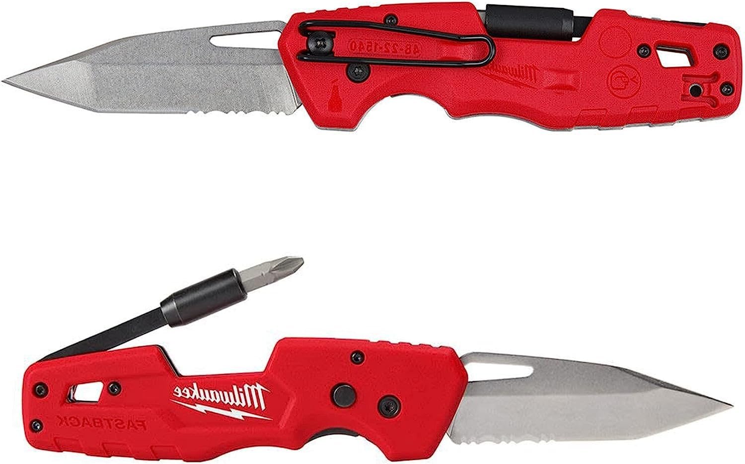 Milwaukee FASTBACK knife blade with partially serrated edge for versatility.