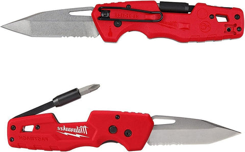 Milwaukee FASTBACK knife blade with partially serrated edge for versatility.