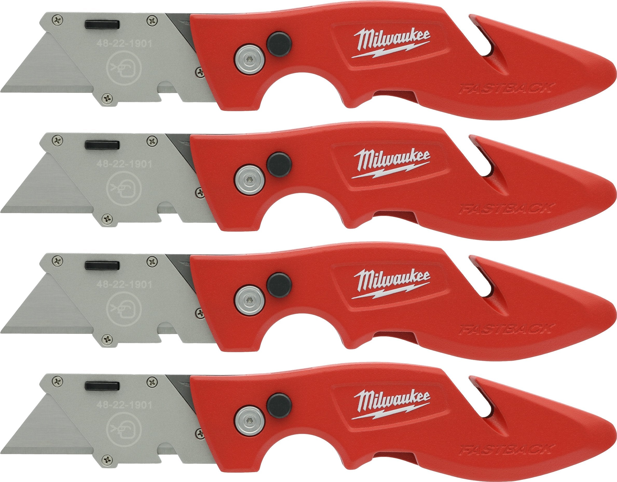 Milwaukee Fastback knife with belt clip for easy one-handed access on the job