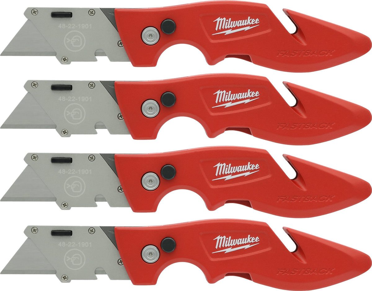 Milwaukee Fastback knife with belt clip for easy one-handed access on the job