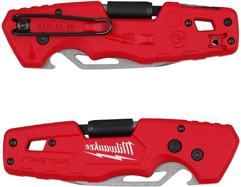Milwaukee FASTBACK lanyard hole enables tethering for safer carry.