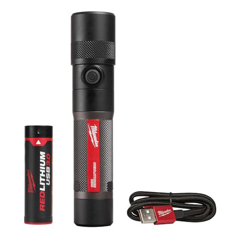 Milwaukee flashlight twist focus demonstrates adjustable beam for precise targeting.