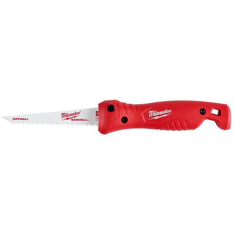 Milwaukee Folding Jab Saw in action cutting drywall with precise control