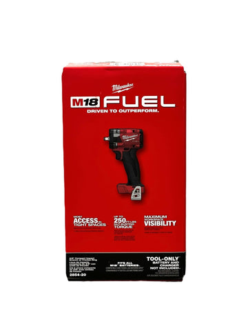 Milwaukee FUEL 2854-20 3/8 inch compact brushless impact wrench with tri-LEDs for visibility.