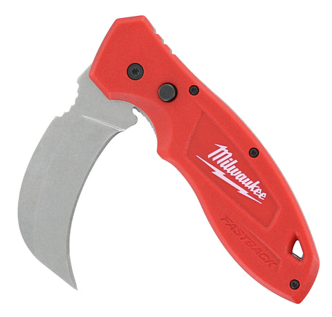 Milwaukee hawk bill curved-blade close-up for smooth cutting.
