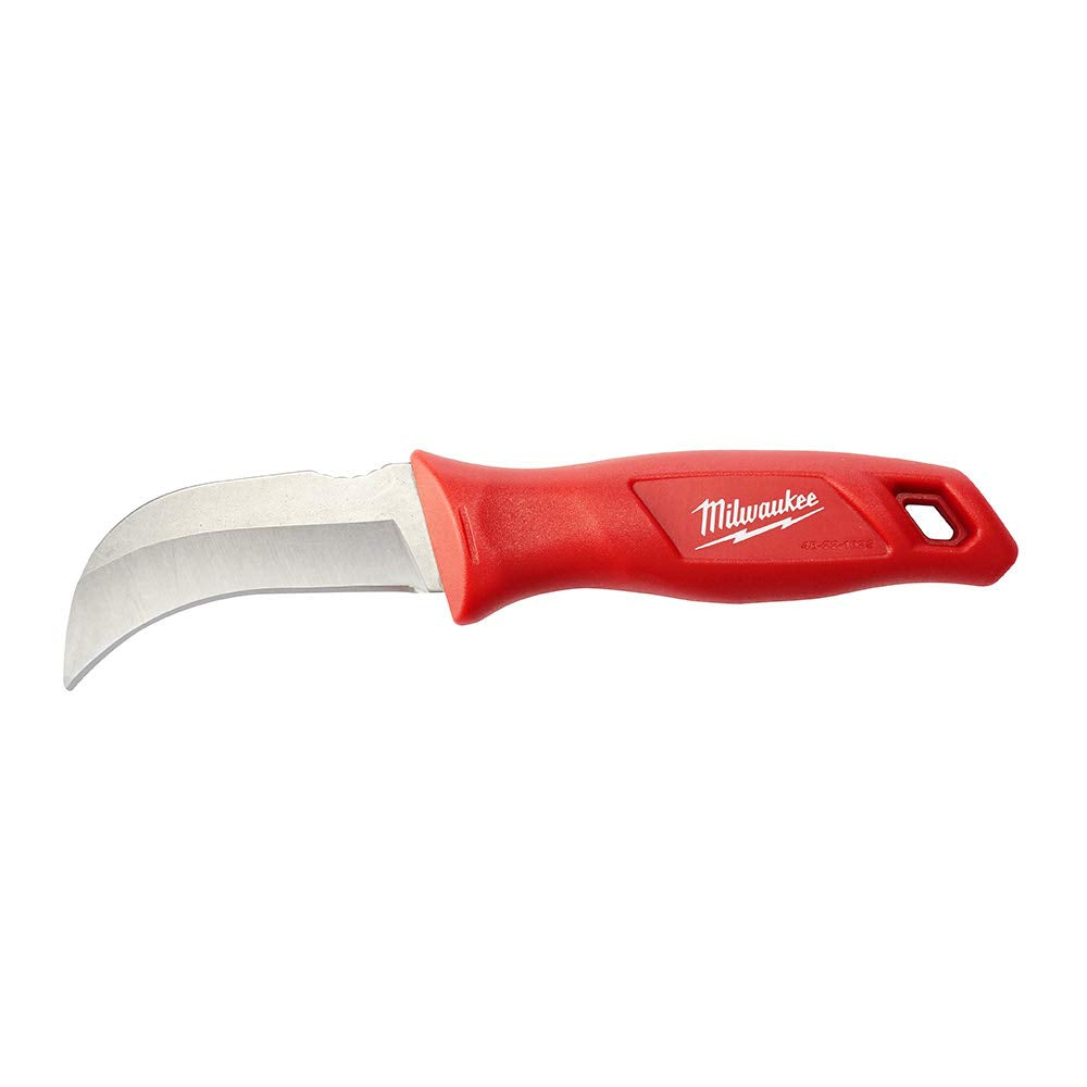 Milwaukee Hawkbill knife close-up shows sharp stainless edge for precise stripping