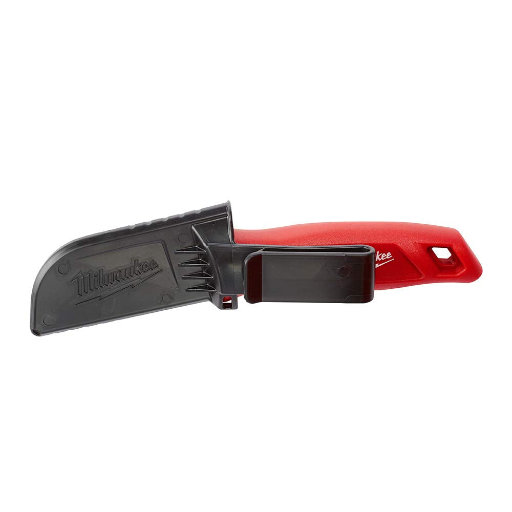 Milwaukee Hawkbill knife with sheath demonstrates safe transport and quick access