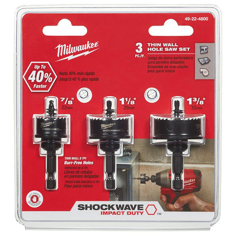 Milwaukee 49-22-4800 hole saw kit with three sizes for fast, burr-free cutting in plastics and thin metals