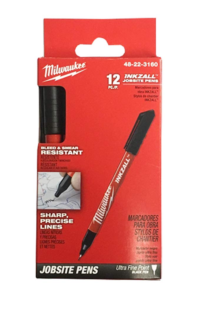 Milwaukee Inkzall Ultra Fine Black marker 12-pack front view for precise labeling.
