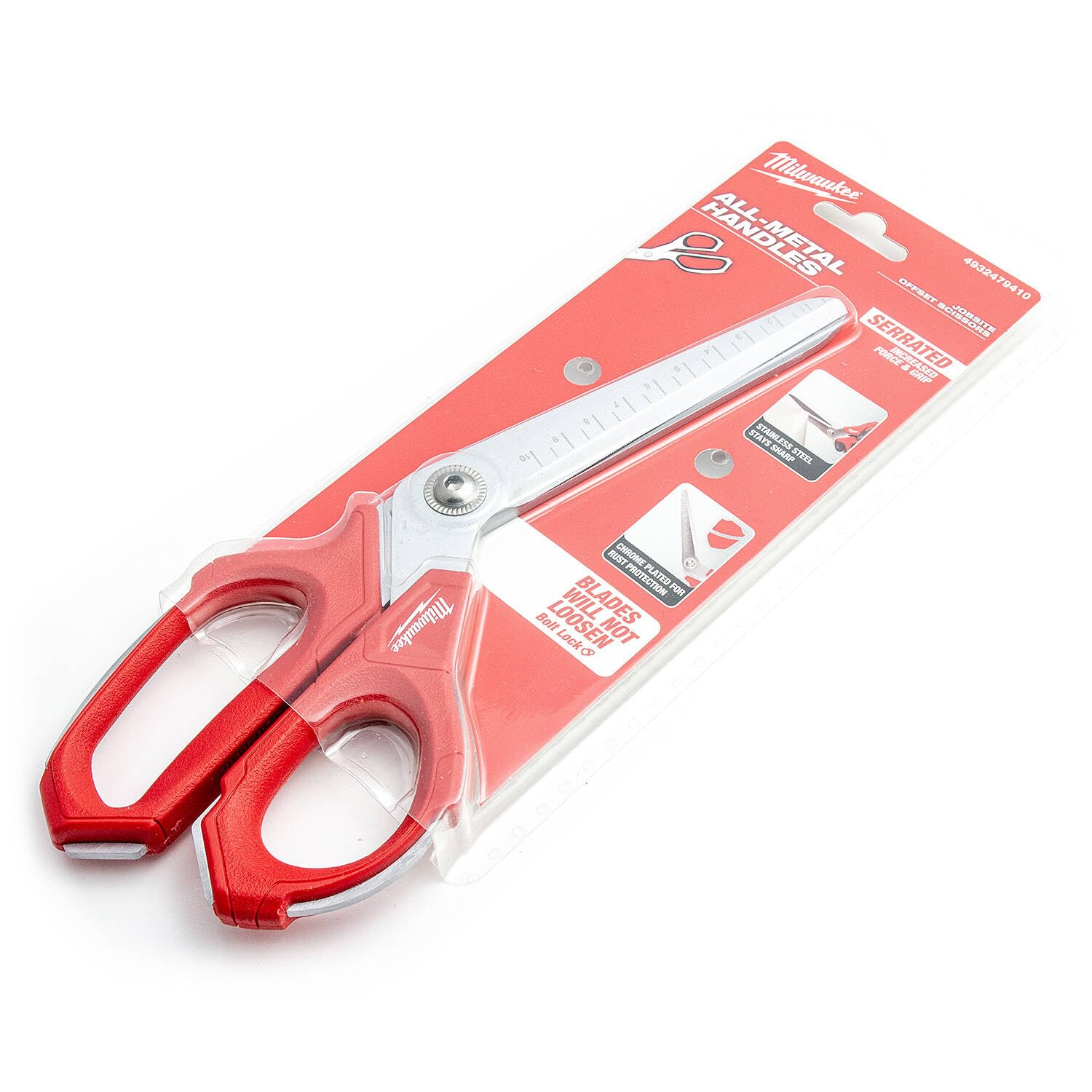 Milwaukee Jobsite Offset Scissors with 9.3-inch blades for rugged on-site use and gloves-friendly handling.