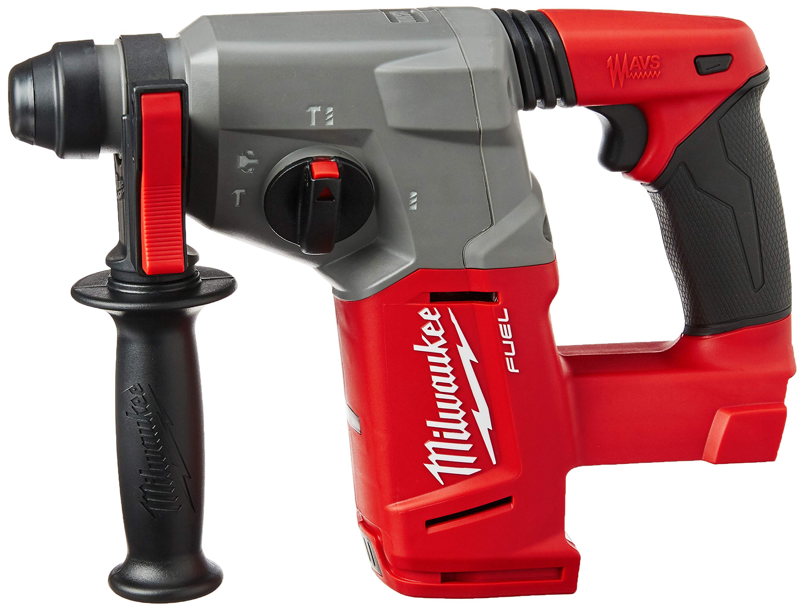 Milwaukee LED work light on the rotary hammer improves visibility during drilling.