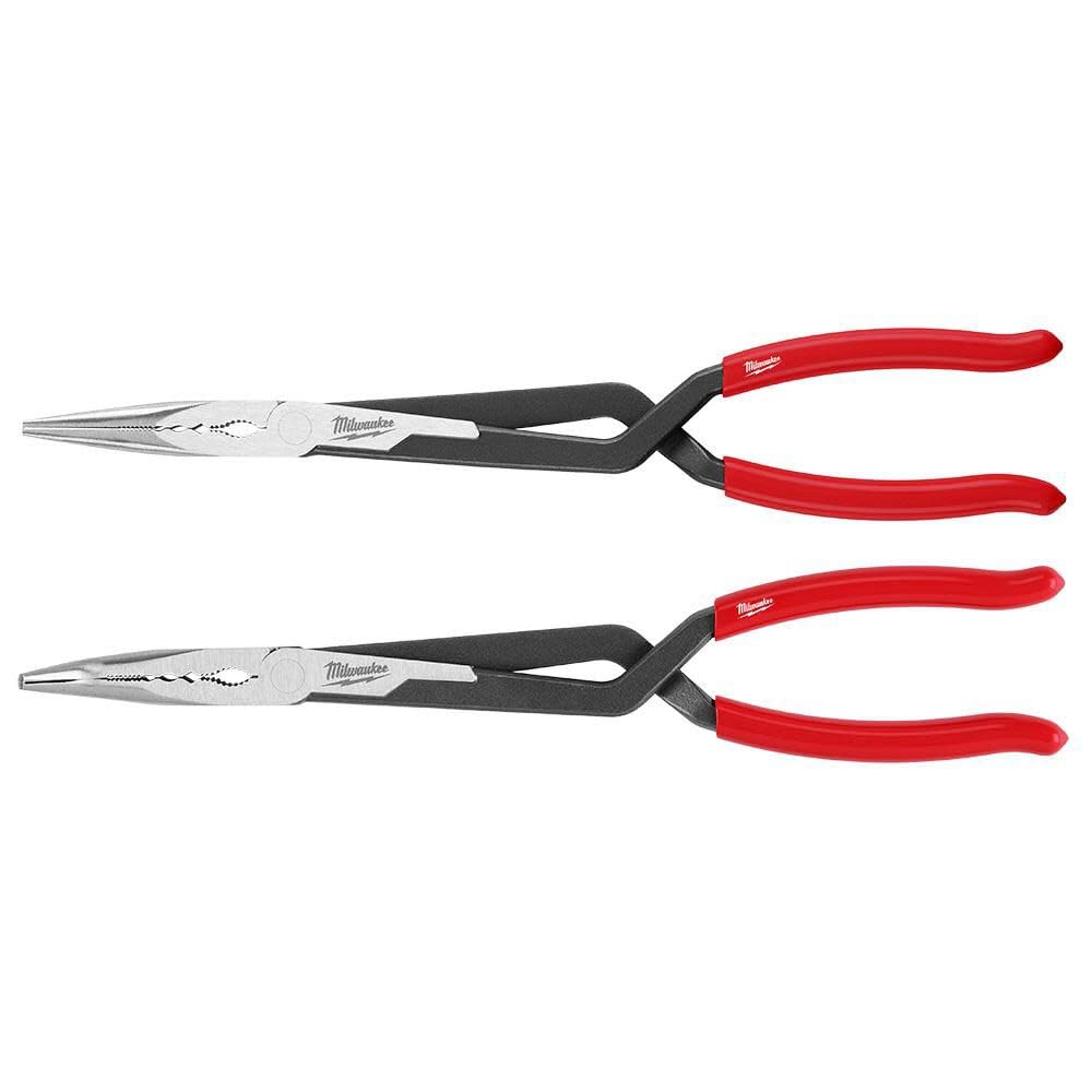 Milwaukee long reach pliers—straight nose—deep reach and secure grip in tight spaces.