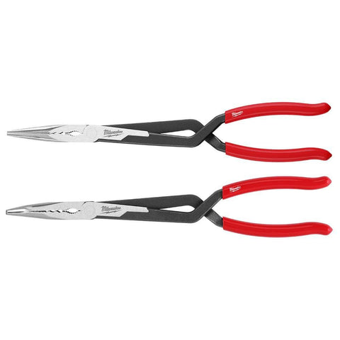 Milwaukee long reach pliers—straight nose—deep reach and secure grip in tight spaces.