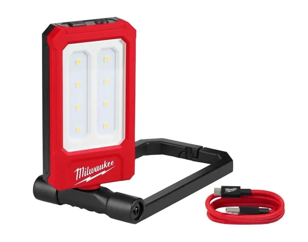 Milwaukee low-profile light on a workbench providing focused task illumination.