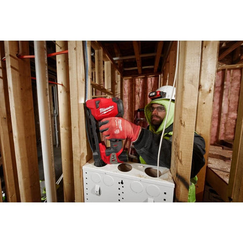 Milwaukee M12 Cable Stapler magazine view highlighting 45-bracket capacity for faster setup