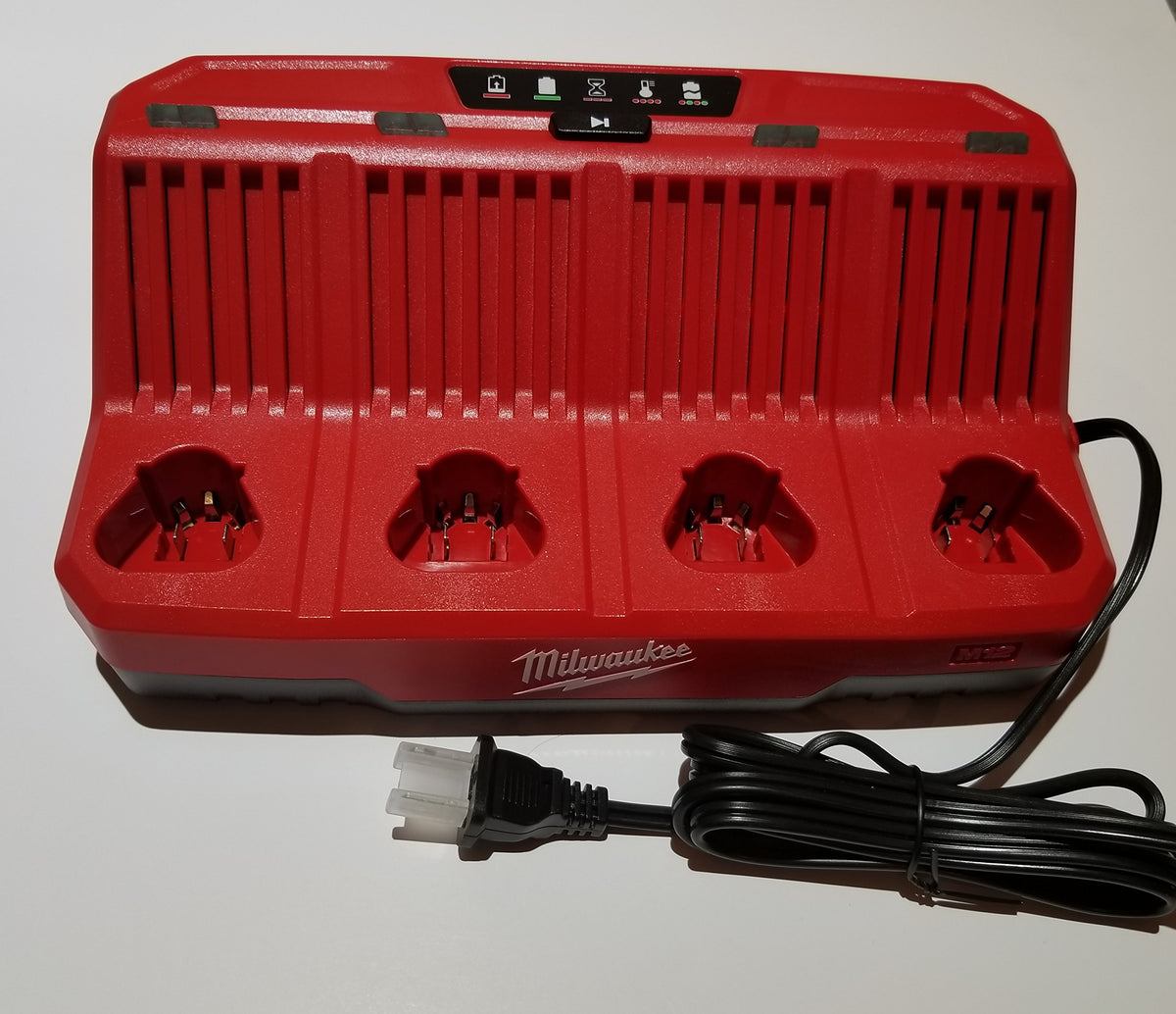 Milwaukee M12 Four Bay Sequential Charger charges four M12 batteries in sequence for extended tool use.