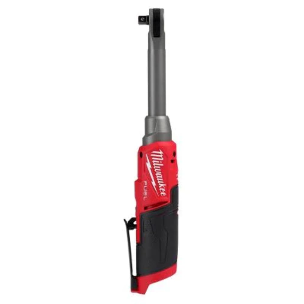 Milwaukee M12 Fuel 3-8-in extended reach tool reaching into tight spaces for overhead work.