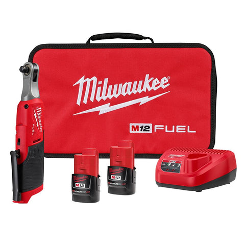 Milwaukee M12 FUEL 3/8 in ratchet side view highlighting compact head for tight spaces