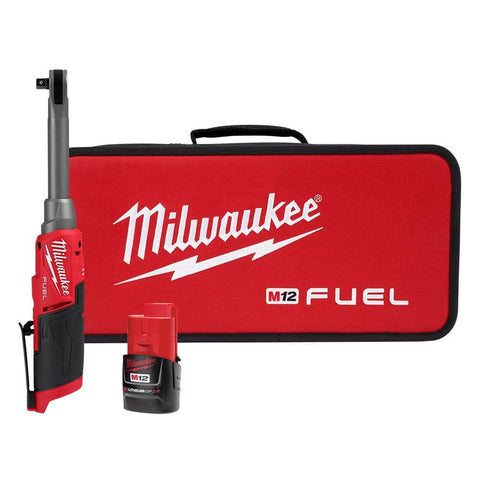 Milwaukee M12 FUEL 3/8-inch extended-reach ratchet, red body, for tight space access