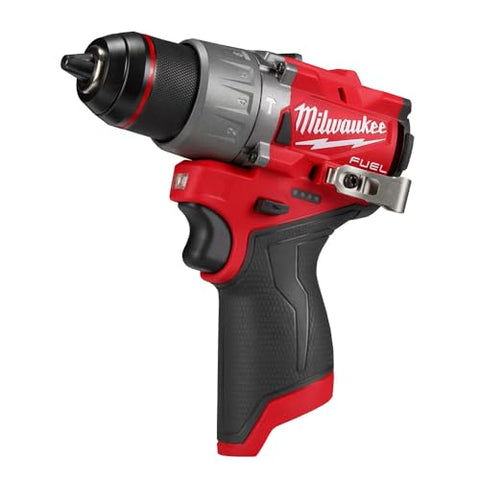 Milwaukee M12 FUEL compact hammer drill demonstrates belt-ready portability.