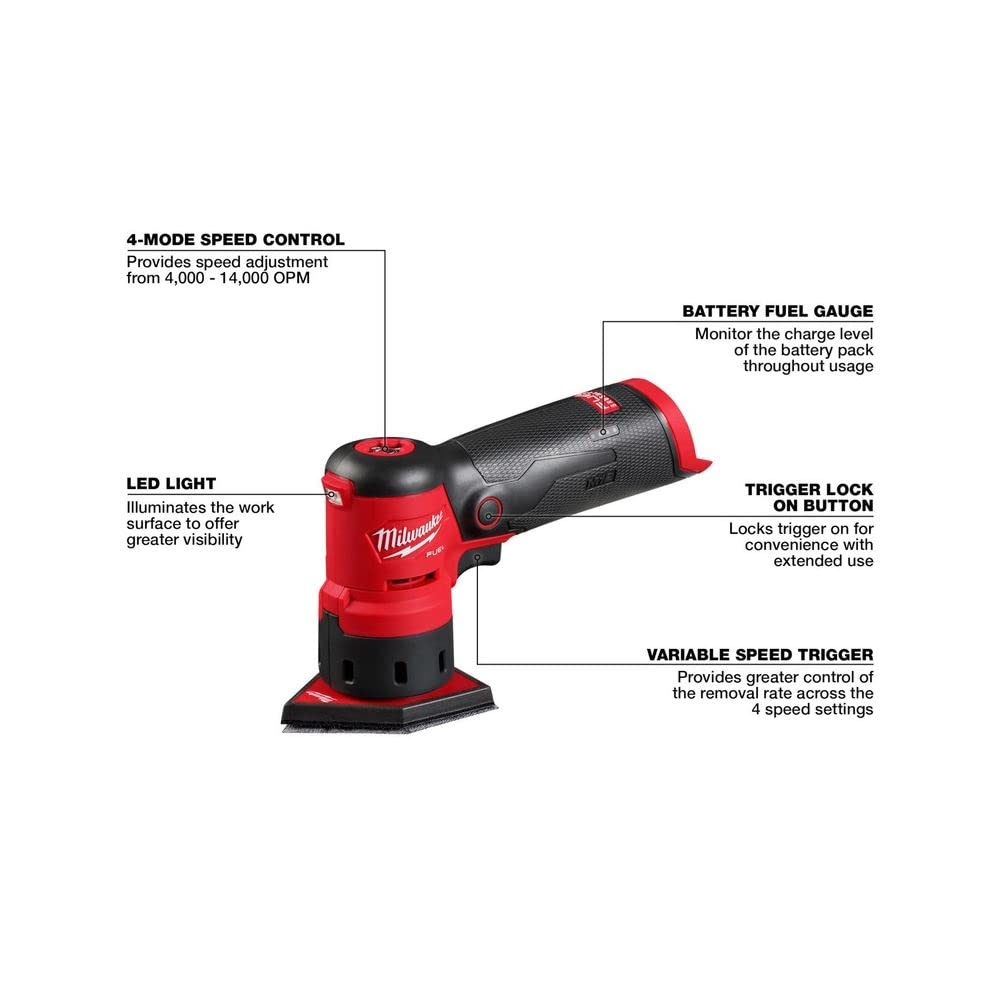 Milwaukee M12 Fuel Orbital Detail Sander angled side showcases compact, lightweight handling