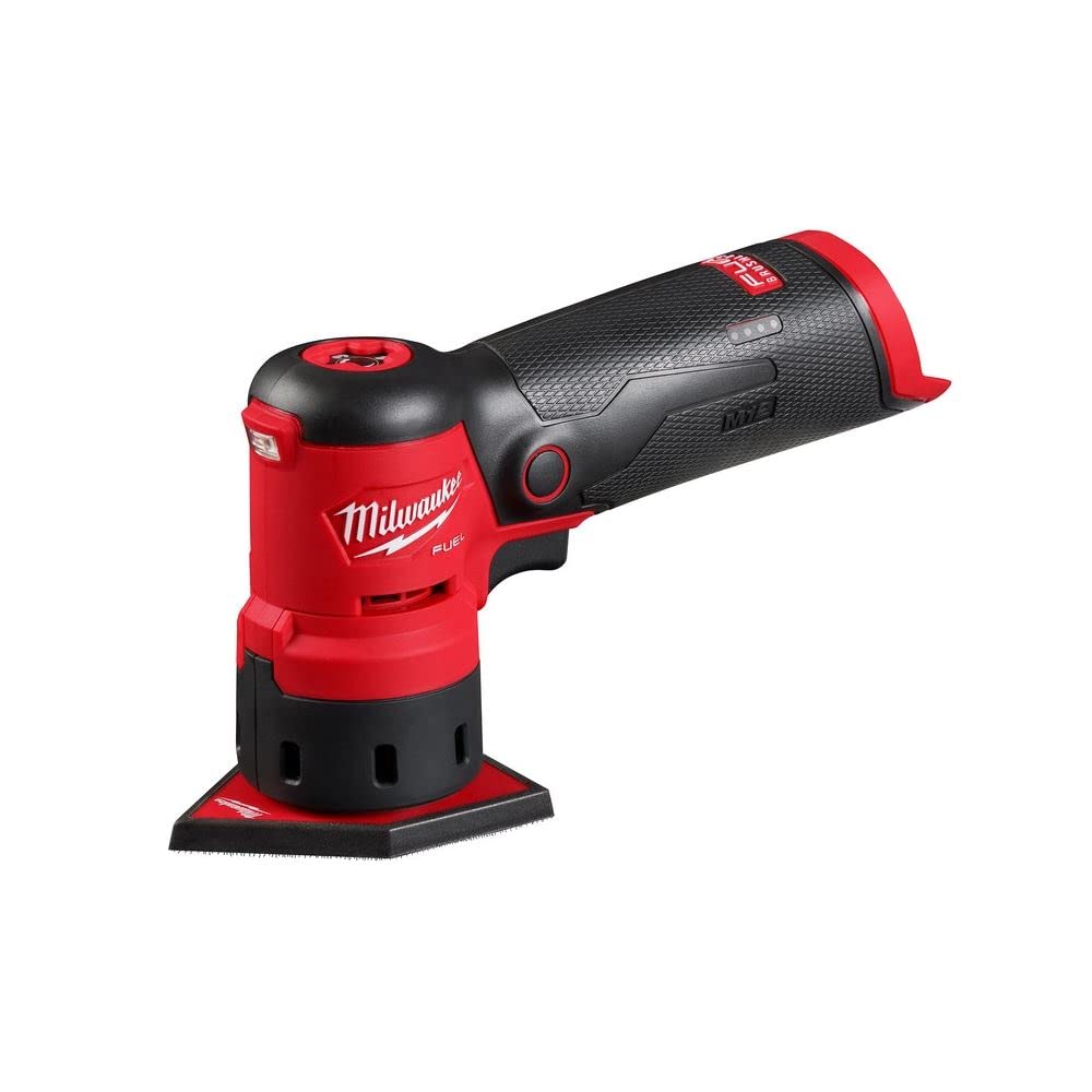 Milwaukee M12 Fuel Orbital Detail Sander front view for precise edge finishing
