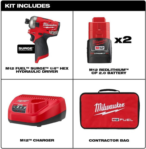 Milwaukee M12 FUEL SURGE kit with two CP2.0 batteries and contractor bag for on-site efficiency