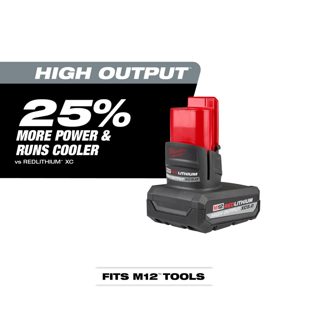 Milwaukee M12 battery side profile highlighting lightweight form for overhead use