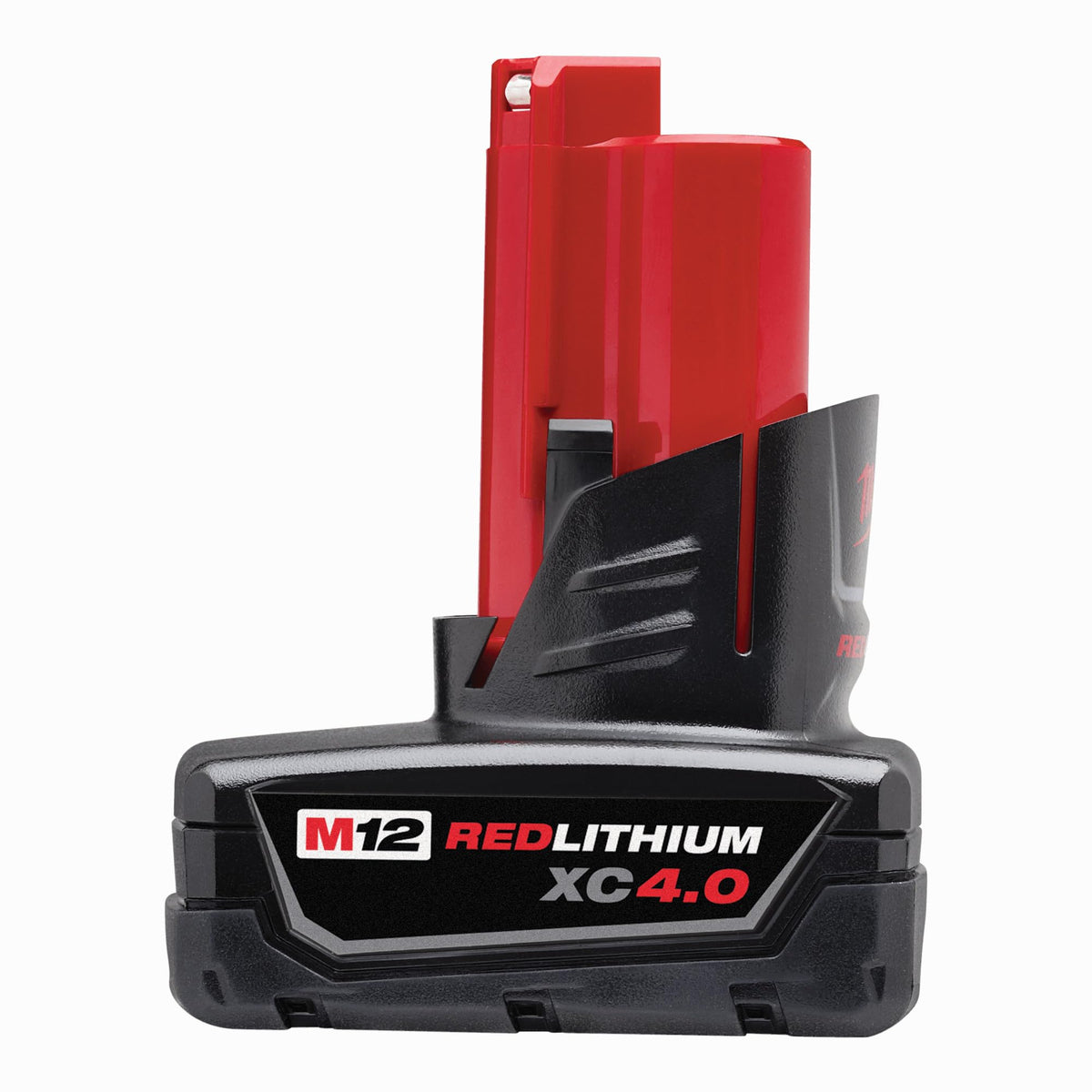 Milwaukee M12 REDLITHIUM 4.0Ah battery pack, front view, extended runtime