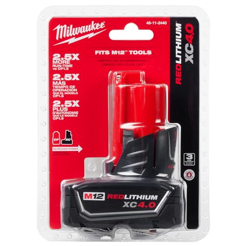 Milwaukee M12 REDLITHIUM 4.0Ah battery pack, side view, rugged durability