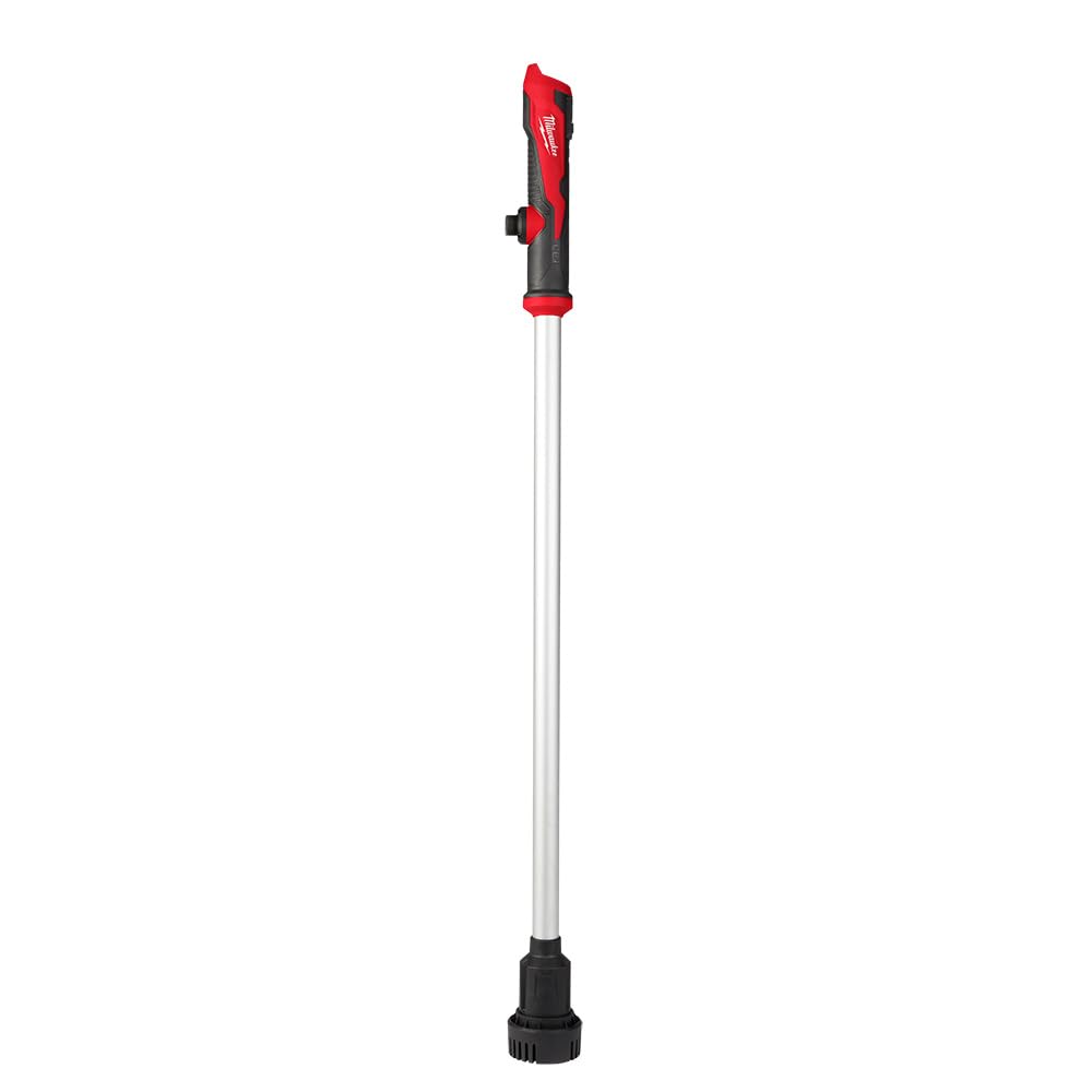 Milwaukee M12 Stick Transfer Pump shown in compact design for easy storage and transport.