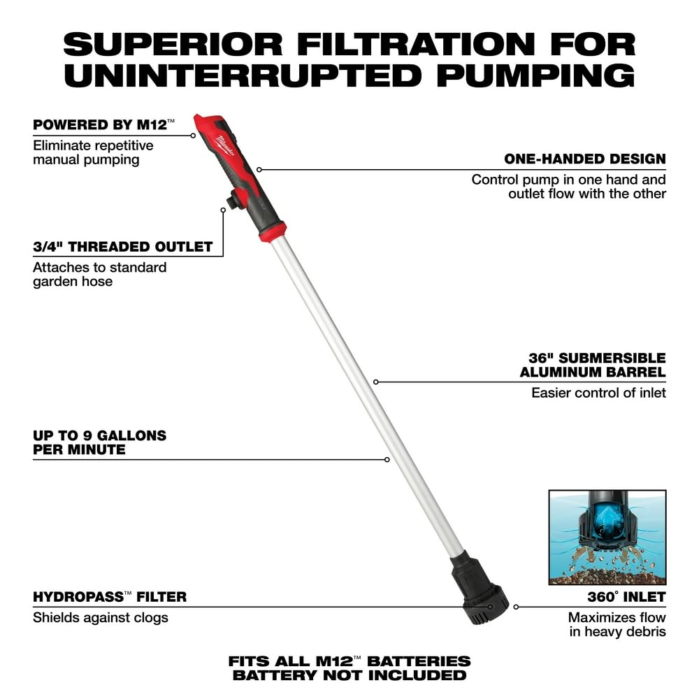 Milwaukee M12 Stick Transfer Pump with lightweight build ideal for one-handed operation.
