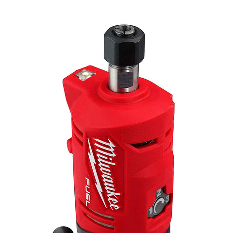 Milwaukee M12 straight die grinder close-up of ergonomic handle for comfortable grip.