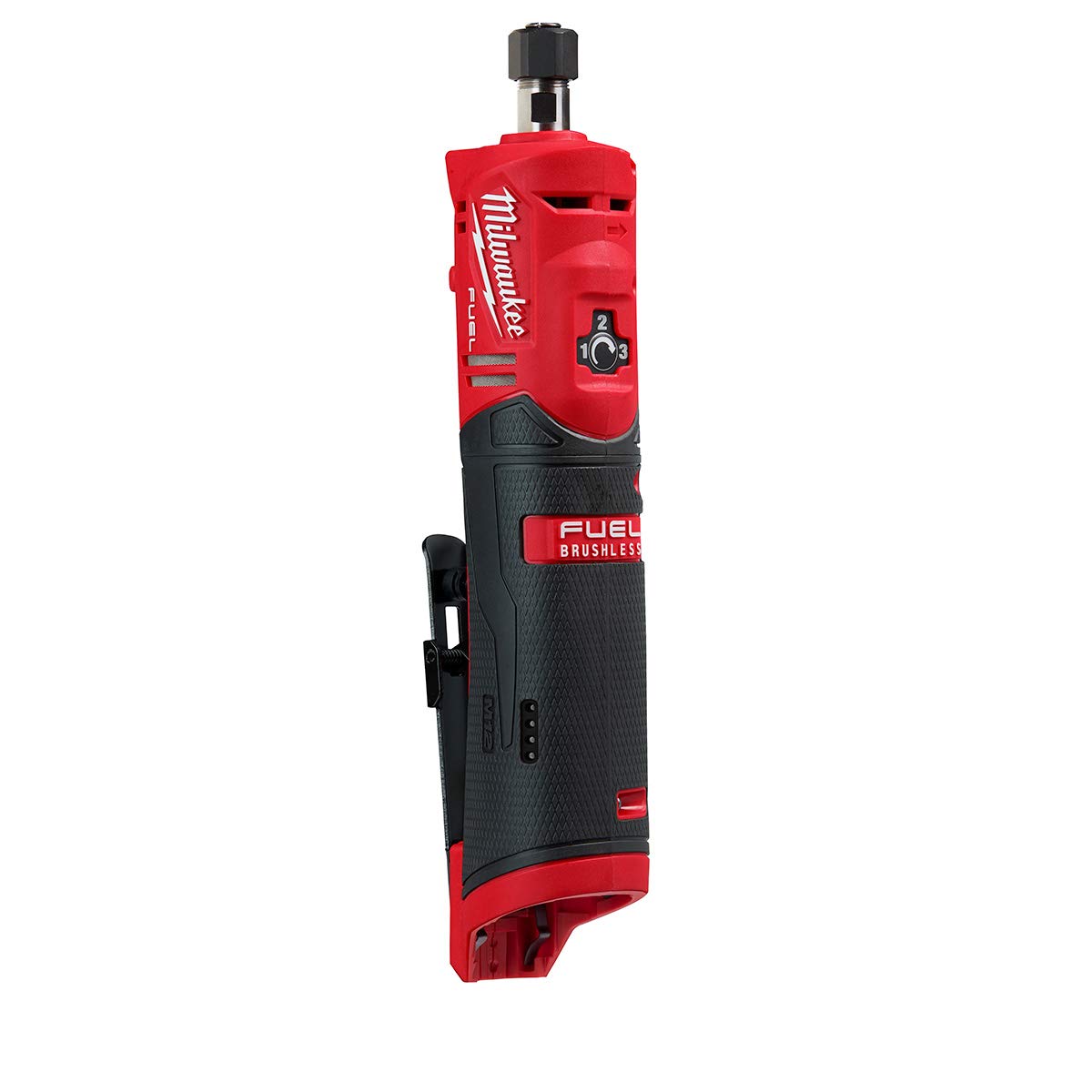 Milwaukee M12 straight die grinder front view for compact material shaping in tight spaces.