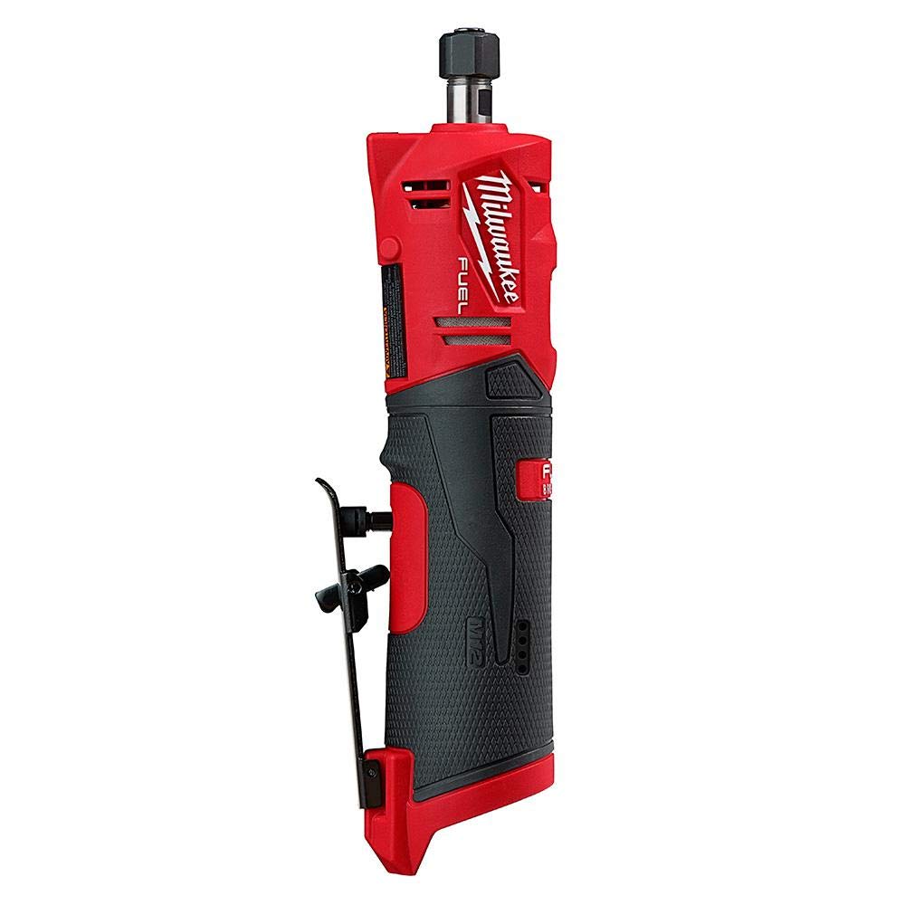 Milwaukee M12 straight die grinder in use in a tight workspace demonstrating versatility.