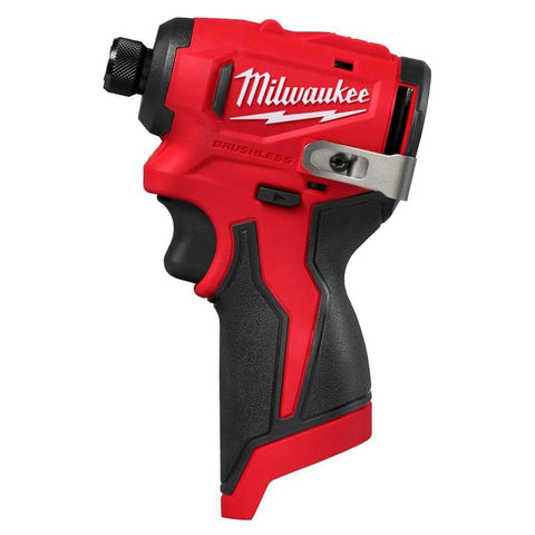 Milwaukee M12 Subcompact Brushless 14-hex impact driver, ideal for tight spaces and overhead tasks.