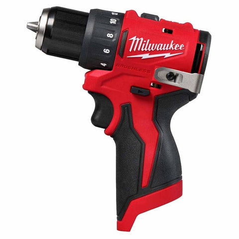 Milwaukee M12 Subcompact Brushless 3/8 drill/driver fits tight spaces with a durable metal chuck.