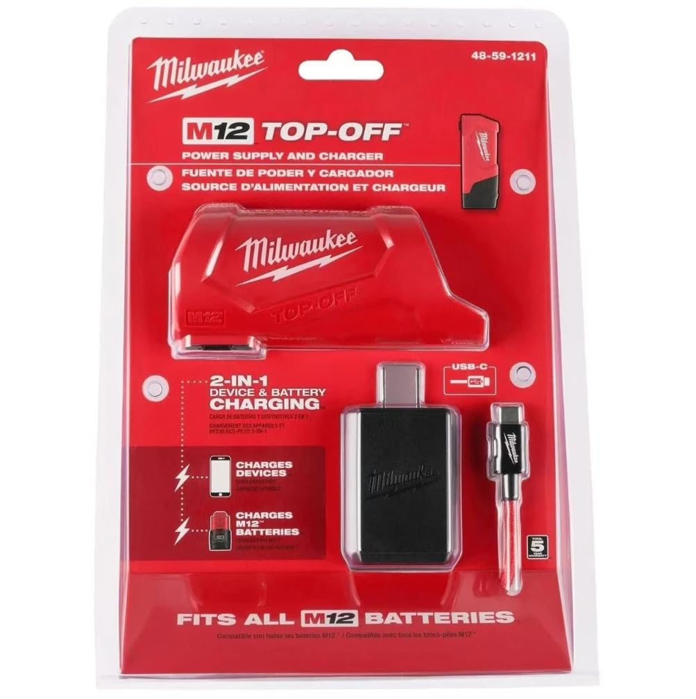 Milwaukee M12 TOP-Off charger powering devices with 15W USB-C on the jobsite