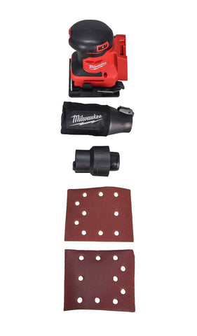 Milwaukee M18 2649-20 sander angled view for smooth surfaces and cordless power.