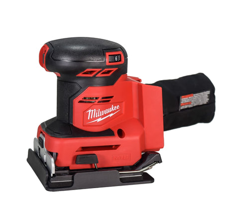 Milwaukee M18 sander with visible dust collection for a cleaner workspace.