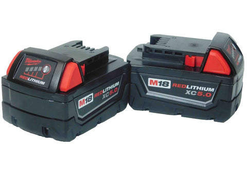 Milwaukee M18 5.0Ah battery front view offers extended energy for tools