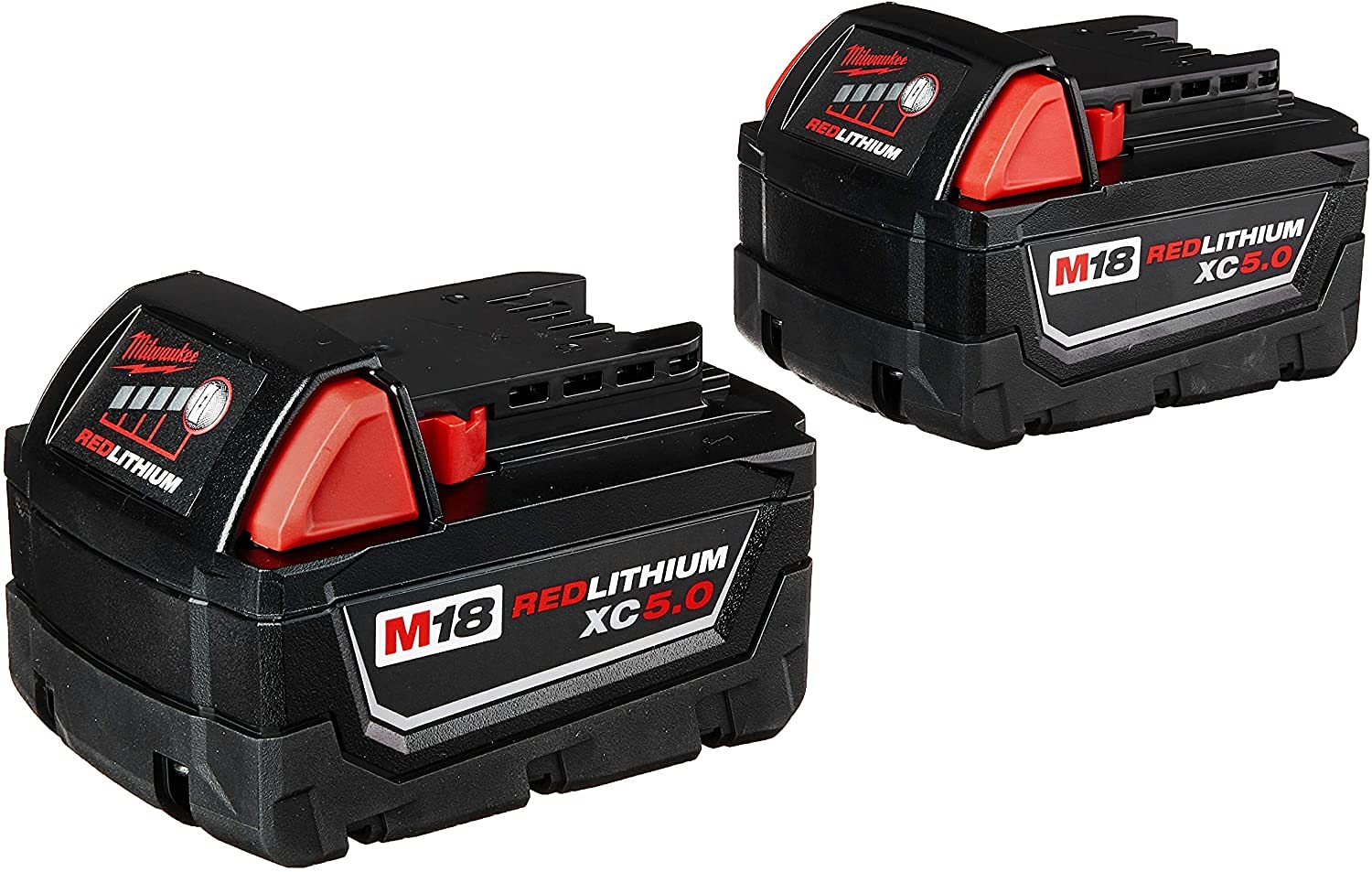 Milwaukee M18 5.0Ah 2-pack side view shows long runtime for cordless tools