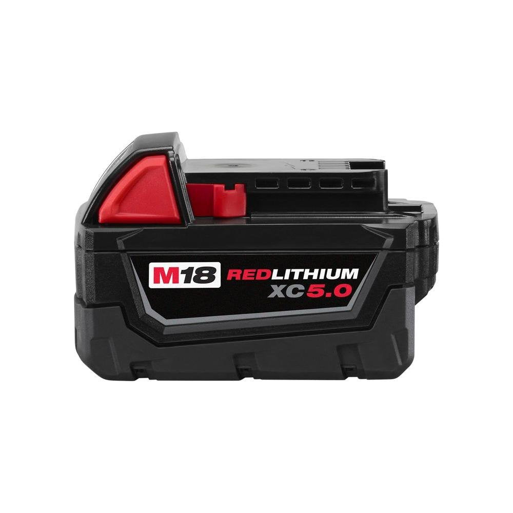 Milwaukee M18 5.0 Battery 2-pack side view emphasizes rugged durability for job sites