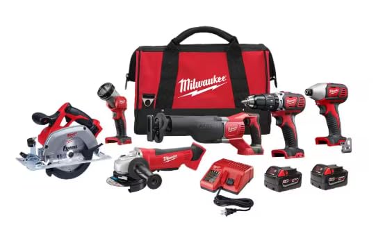 Milwaukee M18 six-tool combo kit in carry case for versatile cordless projects.
