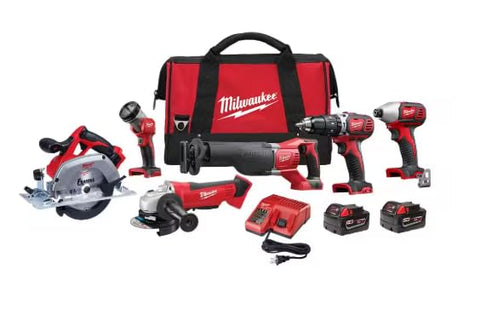 Milwaukee M18 six-tool combo kit in carry case for versatile cordless projects.