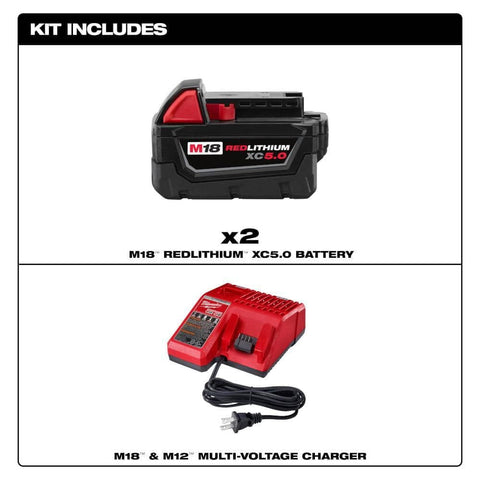 Milwaukee M18 batteries 5.0 Ah paired for extended runtime.