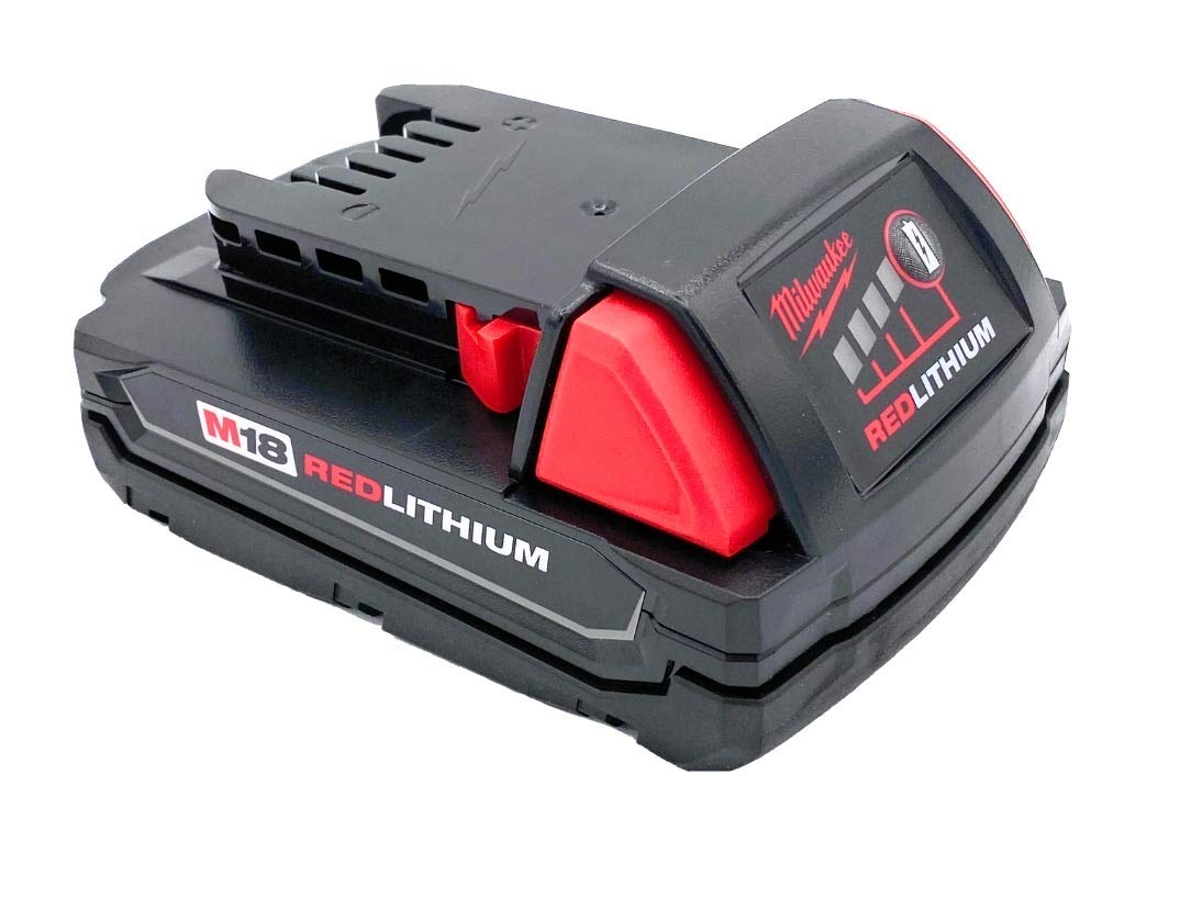 Milwaukee M18 1.5Ah battery front view showing compact design for tight spaces
