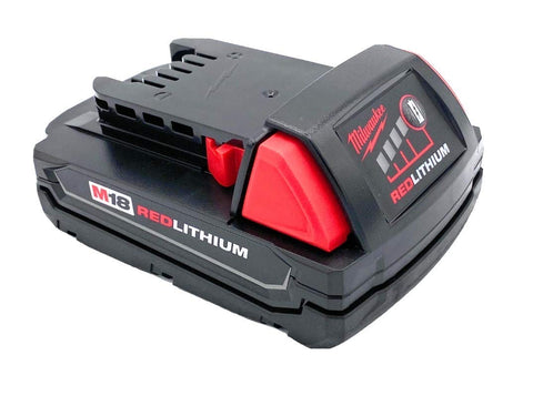 Milwaukee M18 1.5Ah battery front view showing compact design for tight spaces