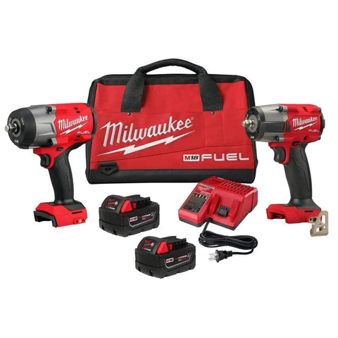 Milwaukee M18 FUEL 1/2 HTIW and 3/8 MTIW automotive combo kit front view, versatile for shop tasks.